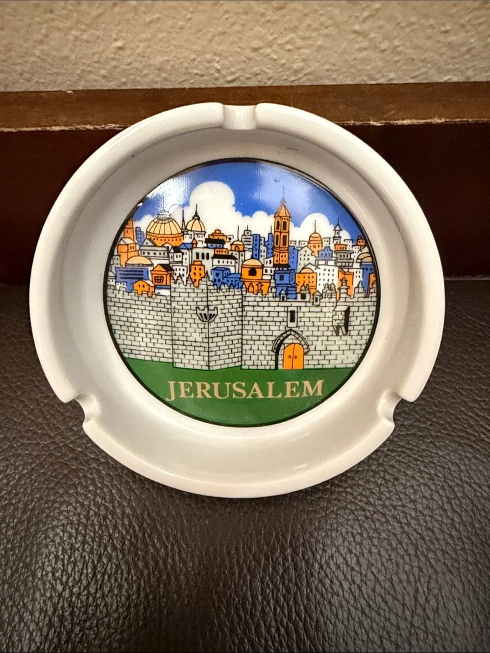 Vtg Ceramic Ashtray w/Hand-Painted Graphic of the Jerusalem City Gates & Skyline
